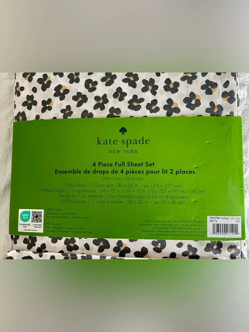 Kate Spade New York 4 Piece Full Size Sheet Set with Black & Gold Floral Motif